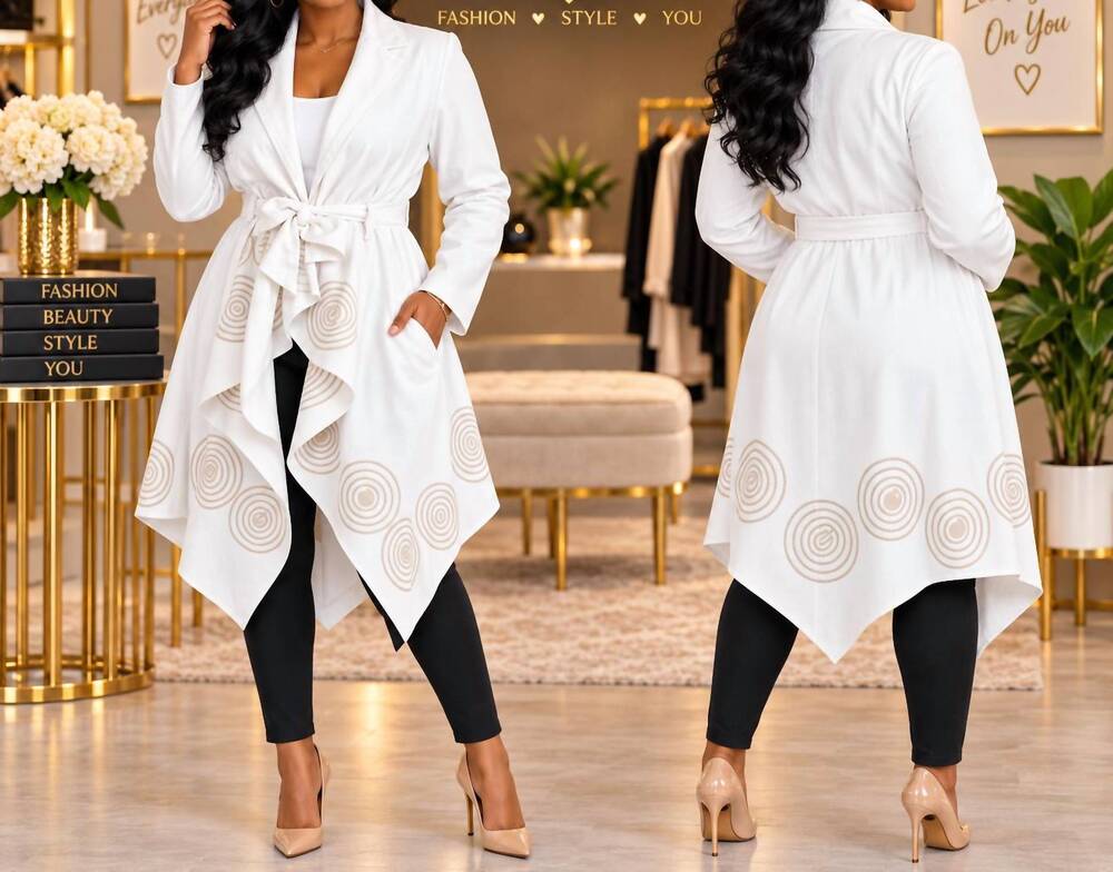 NEW STEP IN STYLE artisan spiral belted statement jacket in white gold